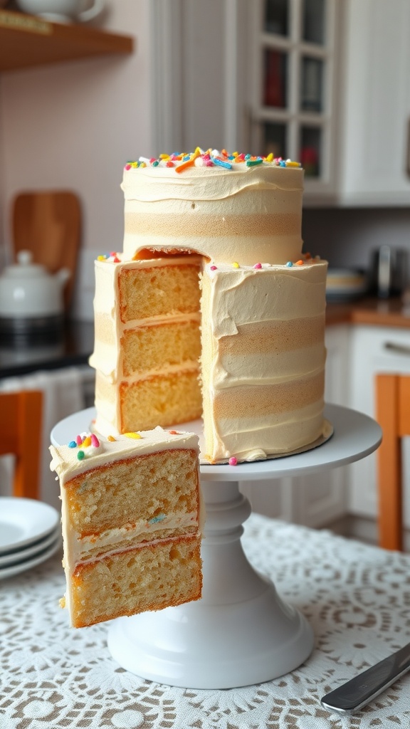 A classic vanilla layer cake on a stand, decorated with buttercream frosting and sprinkles, with a slice cut to show the layers.